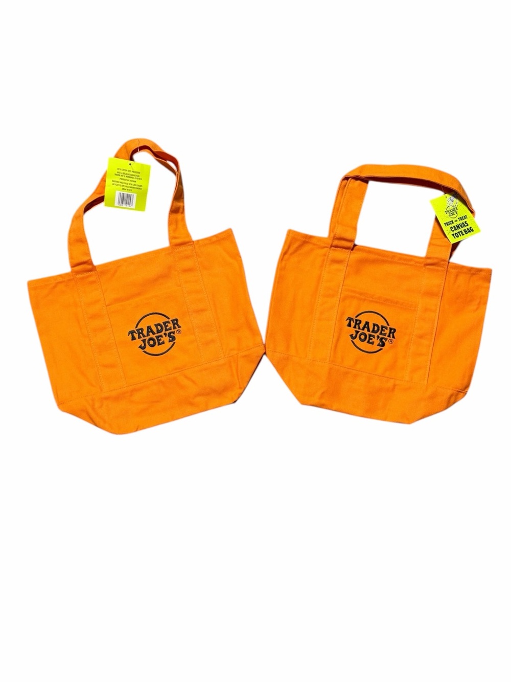 NWT Trader Joes Mini Halloween Canvas Tote Bags (2) Orange Black Limited Edition